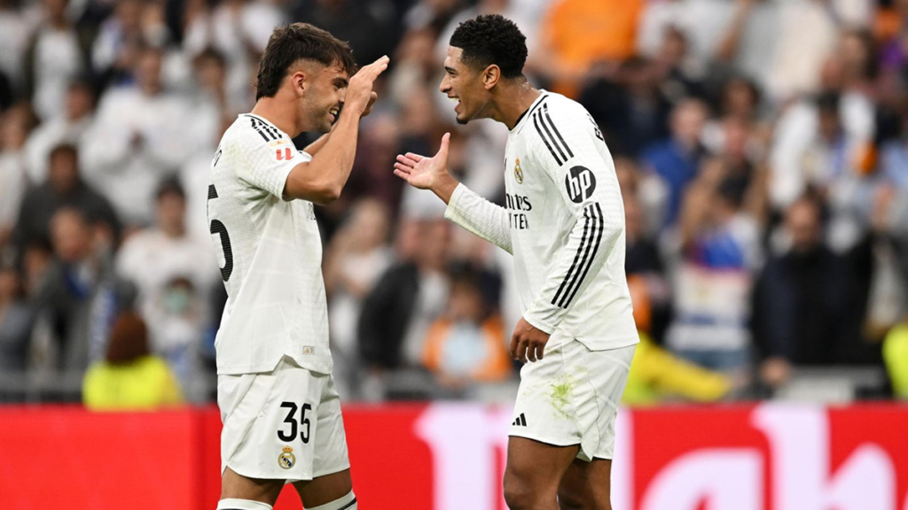 Raul Asencio celebrating his goal for Real Madrid in a La Liga clash with Real Betis