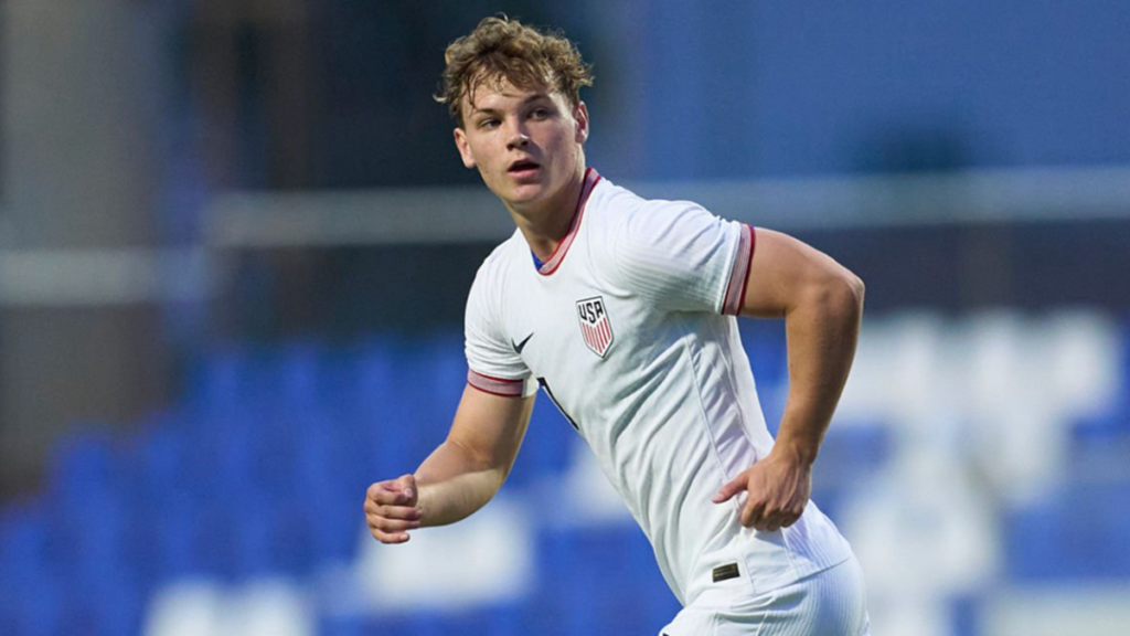 Cole Campbell wearing the United States national team kit during an international youth match