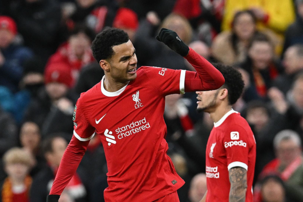 Cody Gakpo celebrating a goal for Liverpool in the Premier League