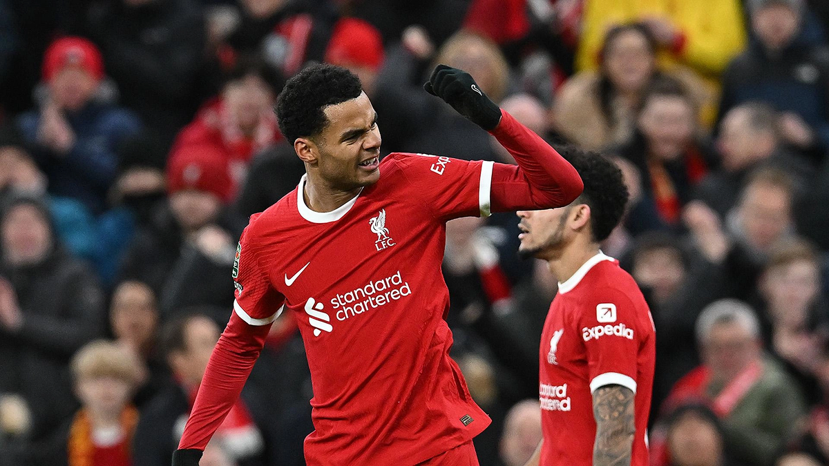 Cody Gakpo celebrating a goal for Liverpool in the Premier League