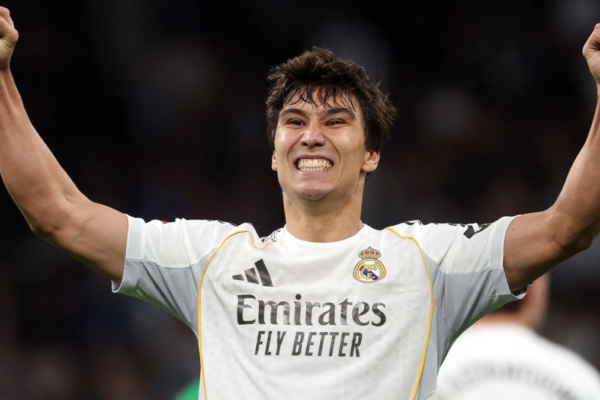Gonzalo Garcia celebrating after scoring a goal for Real Madrid during La Liga match against Real Betis