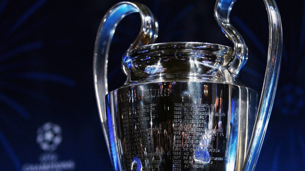The UEFA Champions League trophy displayed ahead of a knockout match
