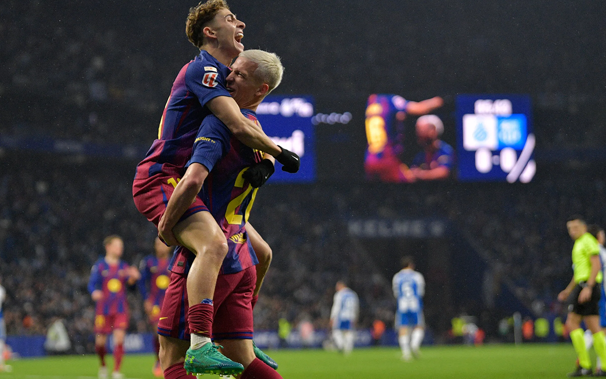 Fermin Lopez and Dani Olmo celebrating a goal for Barcelona in the Catalan derby against Espanyol