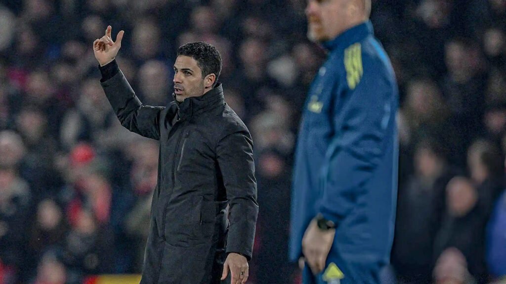 Mikel Arteta gestures from the touchline during a Premier League match