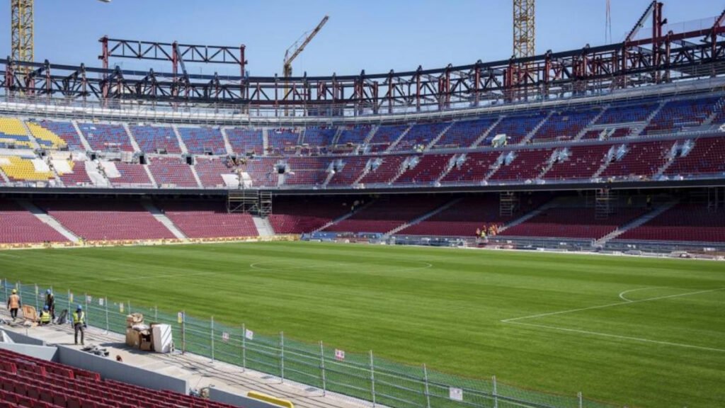 Interior view of Camp Nou showing exposed steel framework during renovation