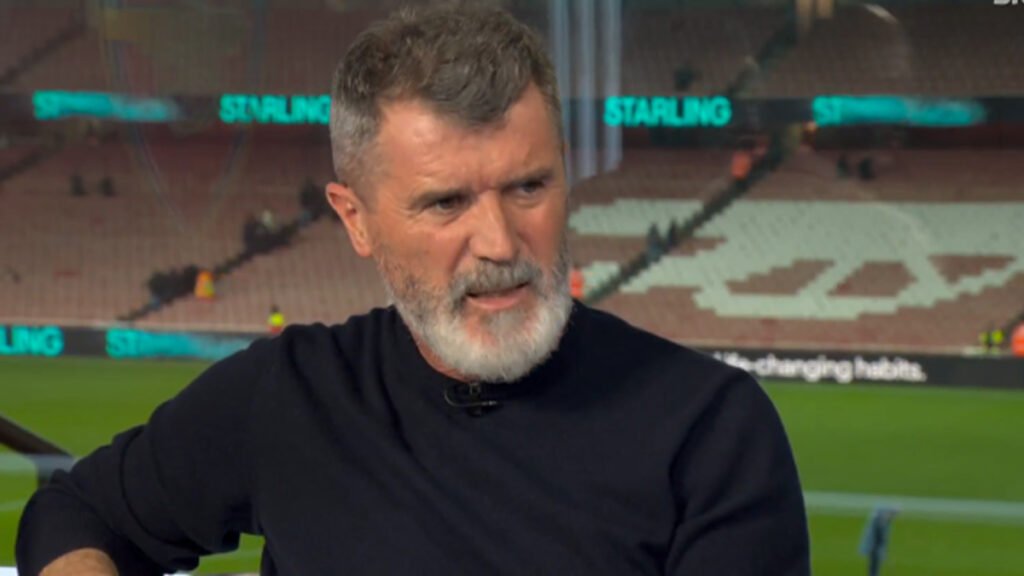 Roy Keane speaks in a TV studio with match graphics behind