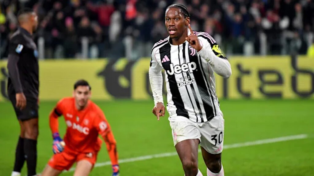 Jonathan David celebrates after scoring for Juventus with teammates nearby