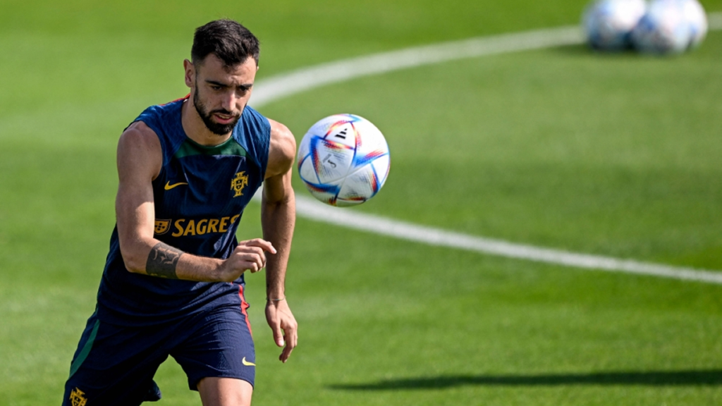 Bruno Fernandes focused on the ball during Manchester United training session.
