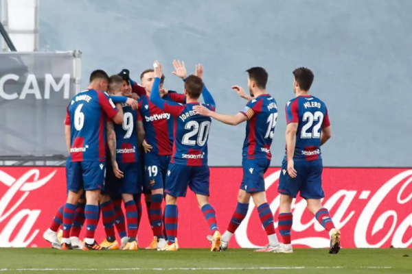 Levante players celebrating a goal in Seville during La Liga match