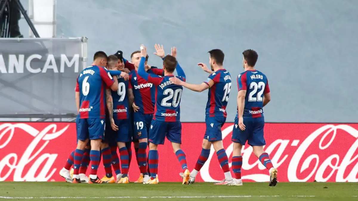 Levante players celebrating a goal in Seville during La Liga match