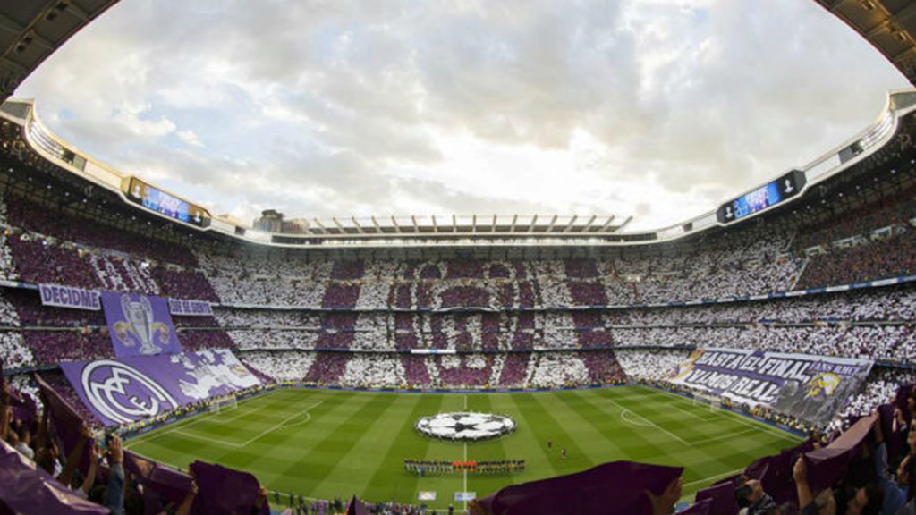 Champions League-themed display on the Santiago Bernabeu stands, highlighting Real Madrid’s pursuit of trophies.