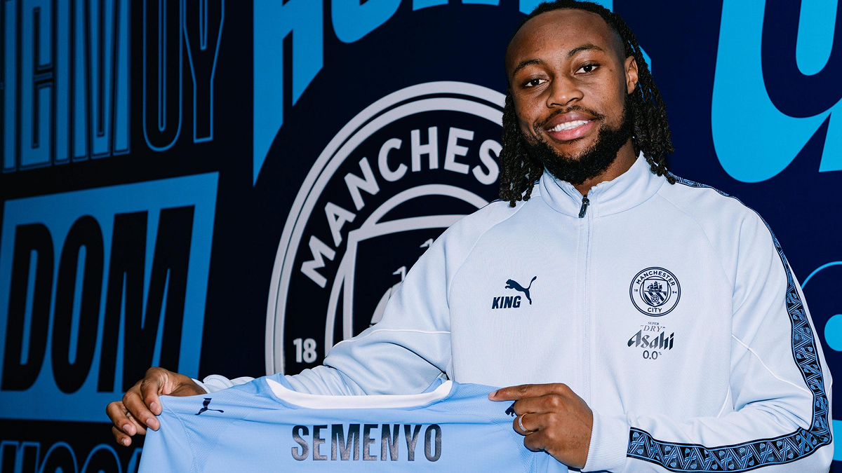 Antoine Semenyo wearing Manchester City shirt after completing his transfer