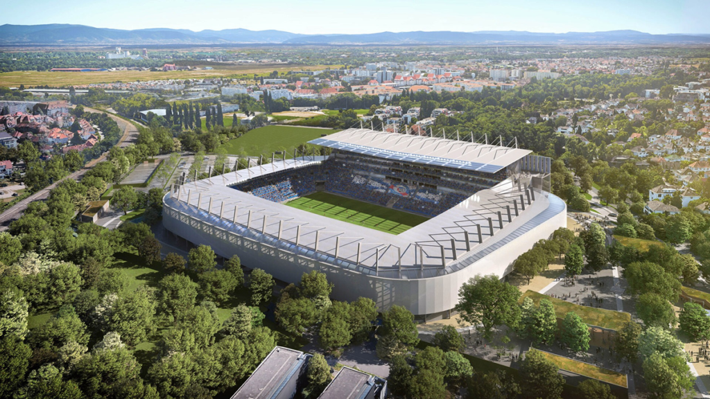 Wide panoramic view of Strasbourg’s stadium filled with fans, capturing the atmosphere and scale of the venue.