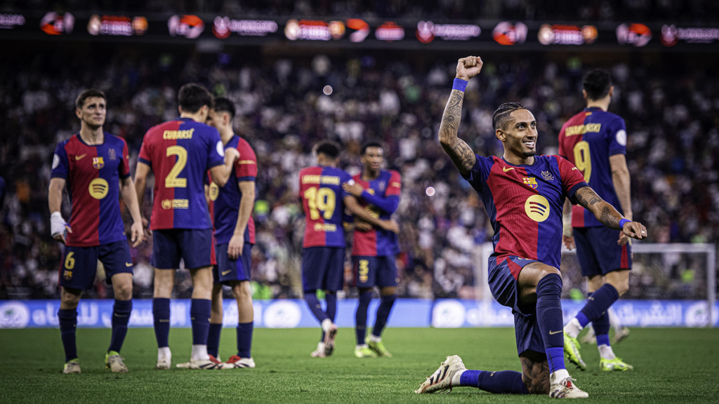 Raphinha celebrating a goal for Barcelona during the Spanish Supercopa