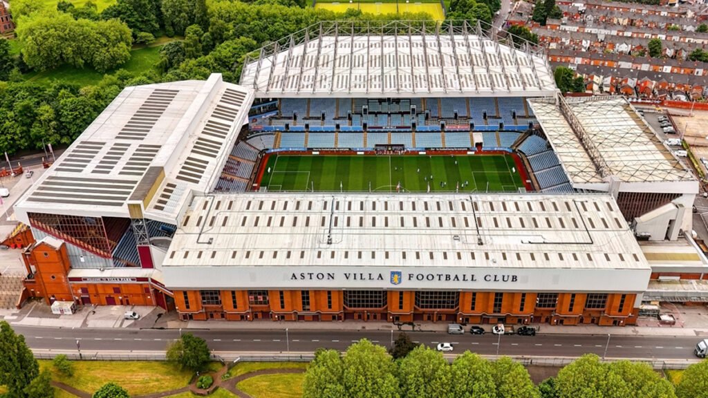Aston Villa Park stadium exterior on a grey matchday afternoon