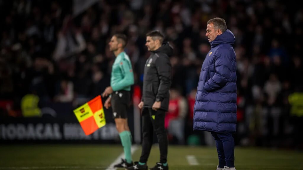 Hansi Flick on the touchline during Barcelona build-up play