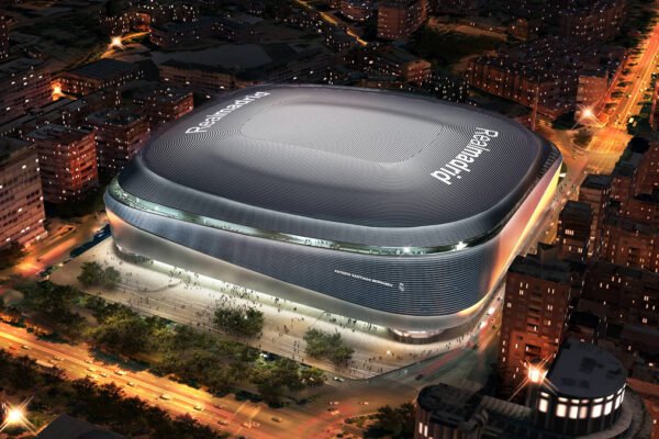Santiago Bernabéu lit up at night ahead of a Champions League match.