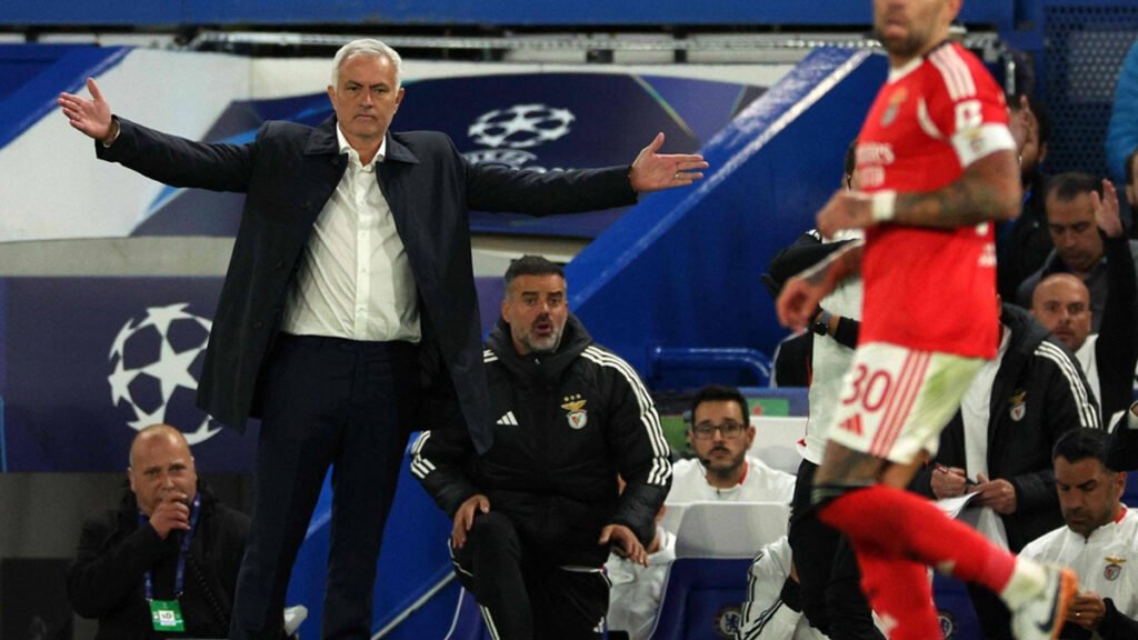 José Mourinho on the touchline during a match, focused as he gives instructions.