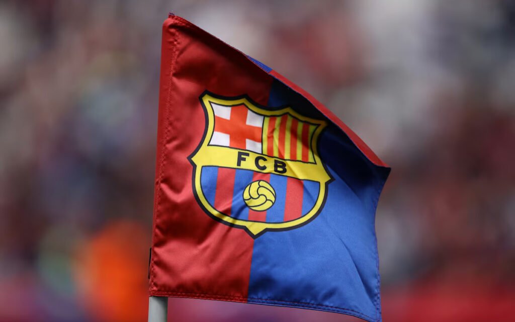 A Barcelona corner flag with the club crest, symbolising the club’s official exit from the European Super League.