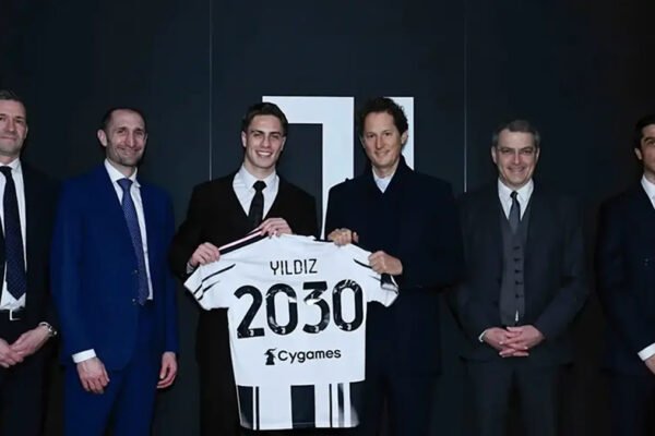 Kenan Yildiz attends a Juventus press conference after signing a contract extension to 2030.