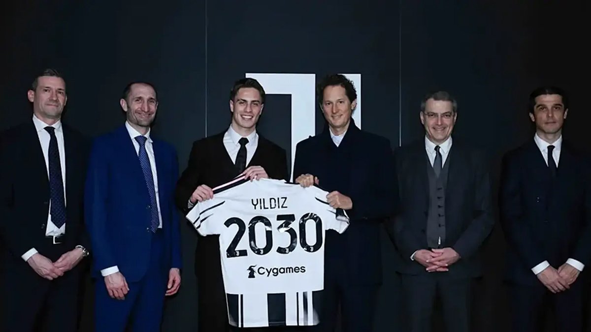 Kenan Yildiz attends a Juventus press conference after signing a contract extension to 2030.