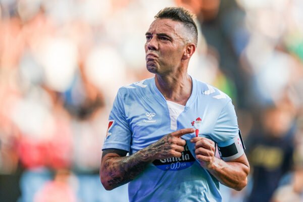Iago Aspas celebrates for Celta de Vigo during a LaLiga match.