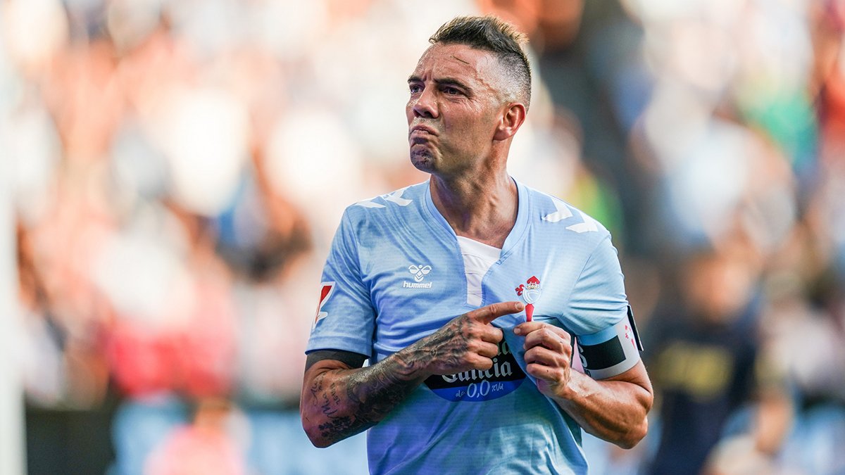 Iago Aspas celebrates for Celta de Vigo during a LaLiga match.