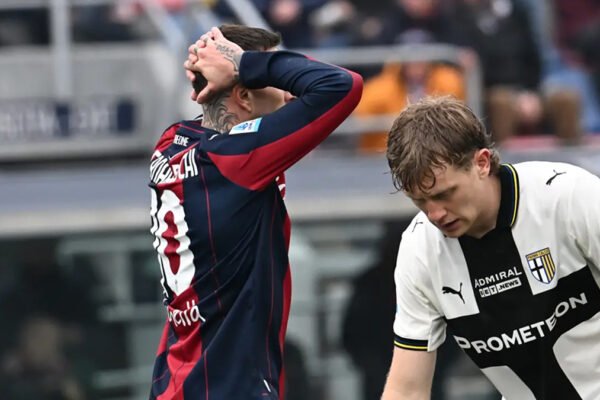Bologna players react at full-time after a 1–0 home defeat to Parma at the Dall’Ara.