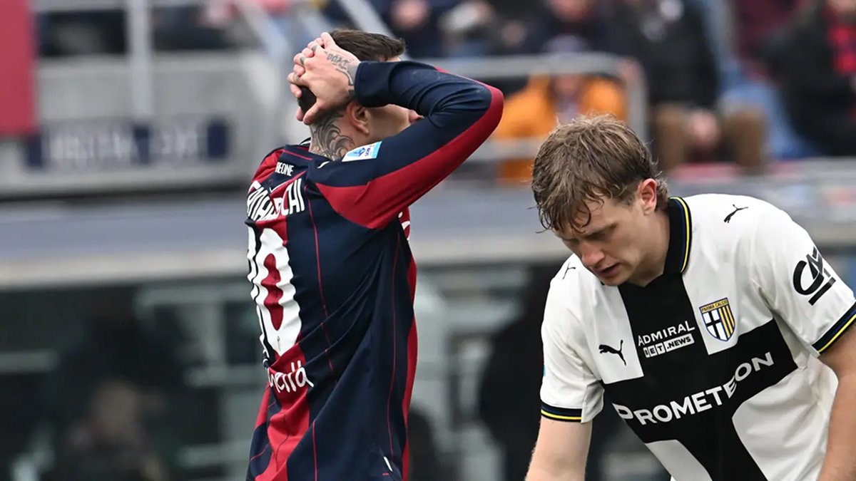 Bologna players react at full-time after a 1–0 home defeat to Parma at the Dall’Ara.
