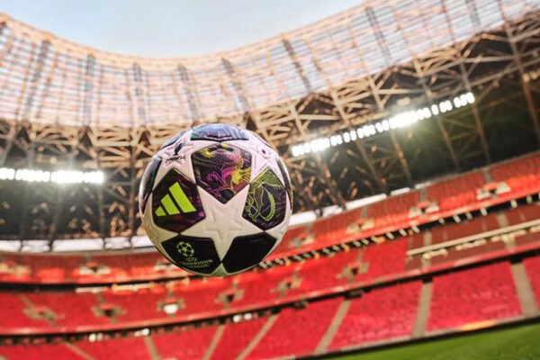 Close-up of the Adidas UEFA Champions League match ball with Budapest-themed design details.