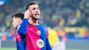 Ferran Torres celebrates after scoring for Barcelona during a match.