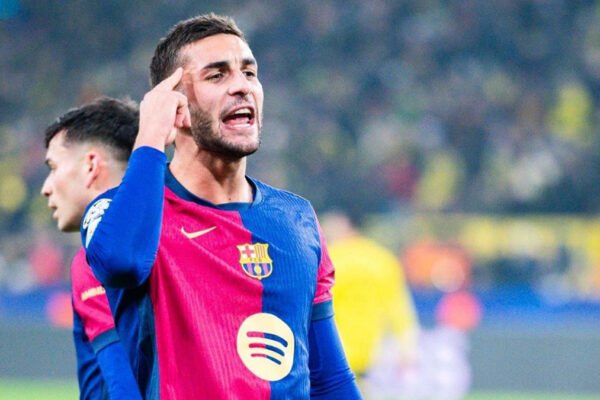 Ferran Torres celebrates after scoring for Barcelona during a match.